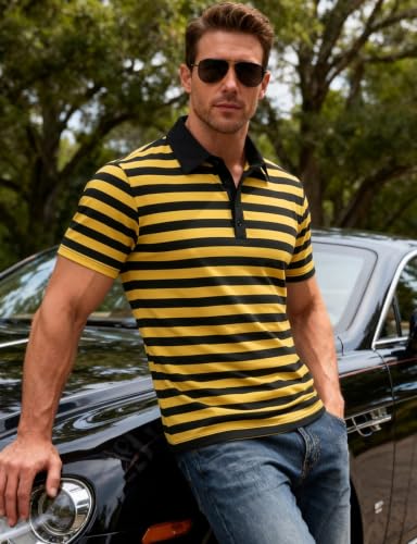 JEMITOP Men Stretch Knit Slim Fit Polo Shirt | Striped, Colorblock, Casual, Short Sleeve, Collared miniatura 2