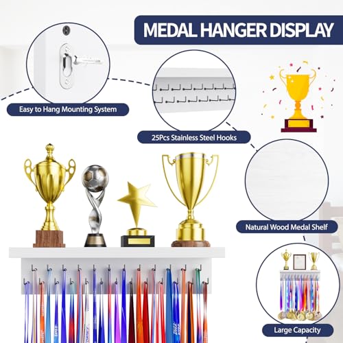 Image of Medal Holder Display Trophy Shelf Organizer, Sturdy Wooden Race Award Hanger Rack with 25 Steel Hooks, Wall Mount Storage Stand for Sports Fans, Cheer Success