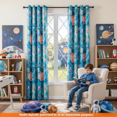 Image of MYSKY HOME Patterned Blackout Curtains 96 Inch Length Cartoon Galaxy Planets Printed Grommet Window Curtains Thermal Insulated for Kids Boys Girls Bedroom, Each Panel 52 inch W, Pack-2, Blue
