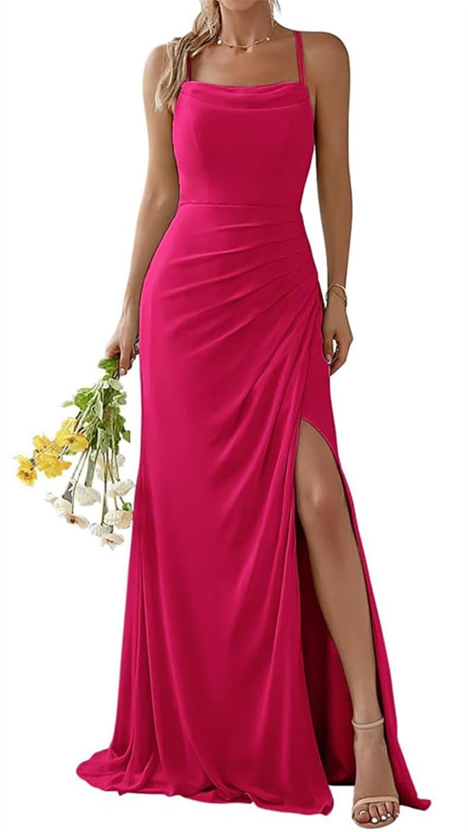 Wseyu Women's Hot Pink Spaghetti Strap Chiffon Bridesmaid Dress Long Square Neck Prom Formal Evening Gown Slit Uk10