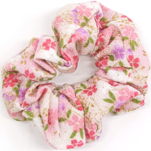 和柄シュシュ ちりめん 京都の和小物 和風ヘアアクセサリー ボリューム かわいい 日本製 和柄ちりめんシュシュ (しだれ桜 シロ)