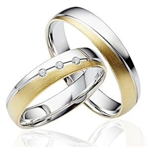 2 x 585 gouden trouwringen partnerringen trouwringen verlovingsringen in geelgoud en witgoud *met gravure en stenen*, 585 goud, Diamant