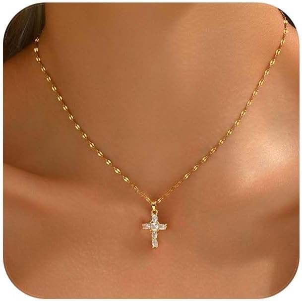 Pearl Cross Necklaces for Women 18K Gold Plated Pearl Beaded Sideways Cross Choker Necklaces Cubic Zirconia Faith Religious Jewelry Christmas Gifts