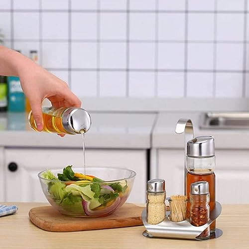 Miniatura 3 de Juego de 5 piezas de vinagre de acero inoxidable, soporte de vinagre de aceite de sal y pimienta con caja de palillos de dientes, dispensador de