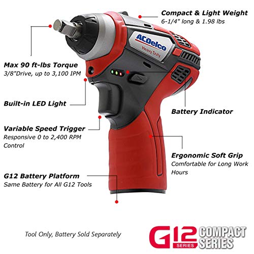 ACDelco G12 Series 2-Tool Combo Kit- 1/4 in. Brushless Ratchet Wrench + 3/8 in. Power Impact Wrench, two battery, charger, ARW12102-K3 - Thumbnail 4