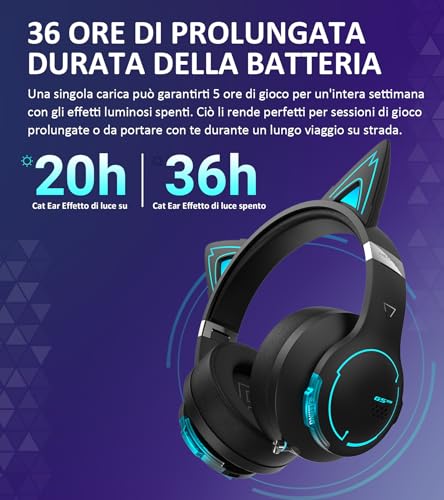 HECATE G5BT CAT Cuffie Gaming Over Ear con Mic, Cancellazione del Rumore, RGB Luce, Orecchie da Gatto Magnetiche, Hi-Res Audio, Bluetooth e Cavo Audio 3,5mm per PC PS4 PS5 Cellulari Switch - Cuffia gaming - Immagine 5