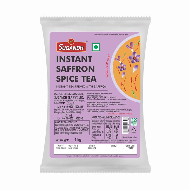 Sugandh Tea Premium Instant Saffron Tea (Powder) Premix 1 kg Pack Saffron Spiced (Masala) Instant Chai Rich & Aromatic flavored Mixed with Kesar Quick & Easy to Prepare Chai– Just Add Hot Water Perfect for Vending Machines