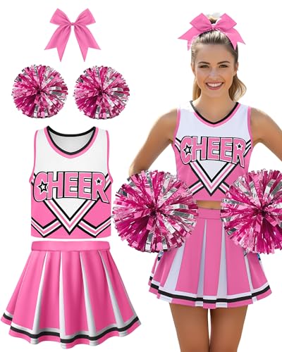 JenPen Women's Cheerleader Costume Halloween High School Cheerleading Outfit Teen Girl Musical Cheer Uniform Hair Bow Pom Pom(Pink,L)