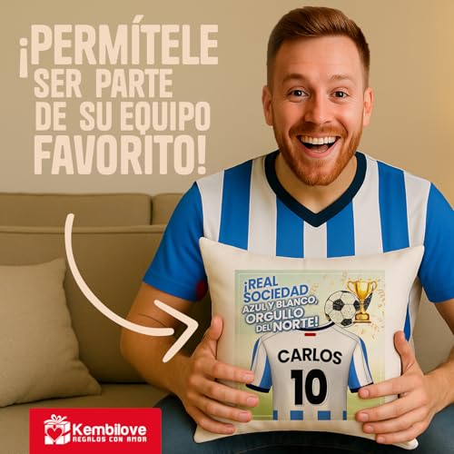 Kembilove® Cojín de Fútbol Personalizado Real Sociedad con Nombre y Número | Almohada Decorativa Txuri-Urdin | Regalo Original para Aficionados y Niños Futboleros