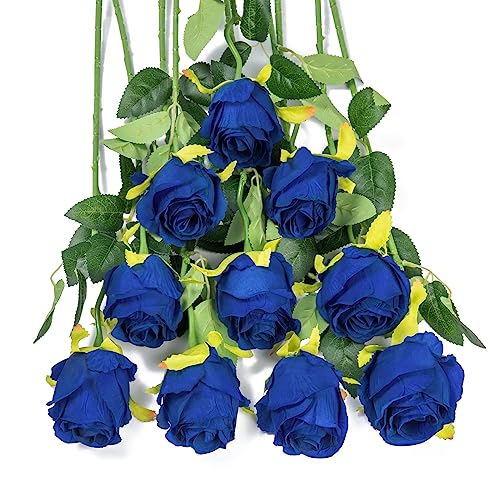 DuHouse 10pcs Artificial Silk Roses Flowers Single Long Stem Fake Rose Bouquet for Wedding Home Party Decoration Centerpieces(Royal Blue)
