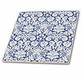 3dRose Royal Blue and White Damask Pattern Stylish Elegant Victorian Vintage French Floral Swirls Navy Ceramic Tile, 8