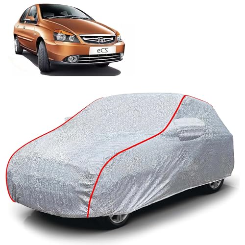 Image of Sulfar 100% Waterproof Car Body Cover Compatible with Mirror for Tata Indigo ECS (Triple Stitched, Full Bottom Elastic, Magic Silver with Red Piping)