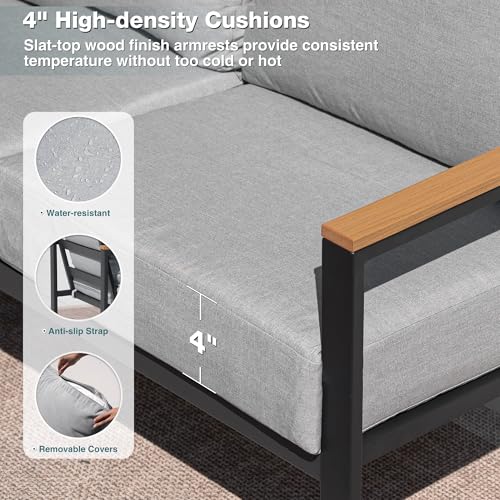 Image of Patio Furniture Set, 4 Pieces Outdoor Patio Furniture with Coffee Table Set, Metal Patio Conversation Sets with Washable and High-Resiliency Sponge Cushions, Upgarded Light Grey