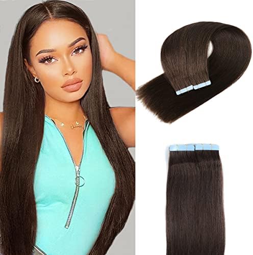 Tape in Hair Extensions Human Hair 100% Brazilian Virgin Human Hair 50g/pack 20 Pieces Straight Hair Seamless Skin Weft Tape in Human Hair Extensions for Women (20 Inch, #2 Dark Brown)