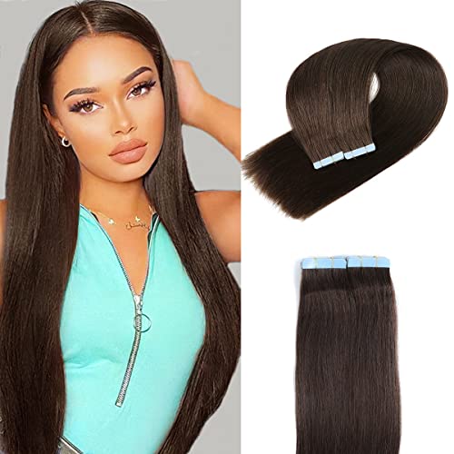 Tape In Hair Extensions Human Hair 100% Brazilian Virgin Human Hair 50G/Pack 20 Pieces Straight Hair Seamless Skin Weft Tape In Human Hair Extensions For Women (20 Inch, #2 Dark Brown) #TOP13