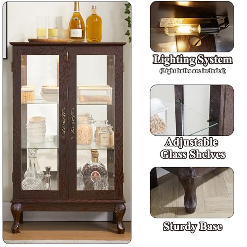 Image of 43 inch H Lighted Curio Cabinet Display Case, Glass Curio Cabinet with Adjustable Shelves and Tempered Glass Door, Wooden Cabinets w /Mirrored Back Pane for Living Room (Dark Cherry)