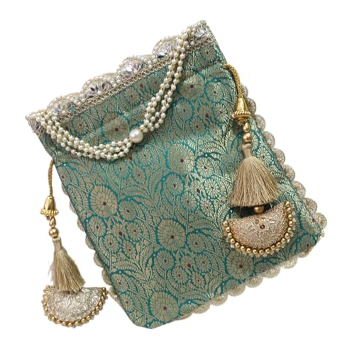 Image of MILAN'S CREATION Pure Banarasi Potli Silk Brocade Bag Purse Drawstring Women's handbag with Pearl Handle & Tassel Weddings