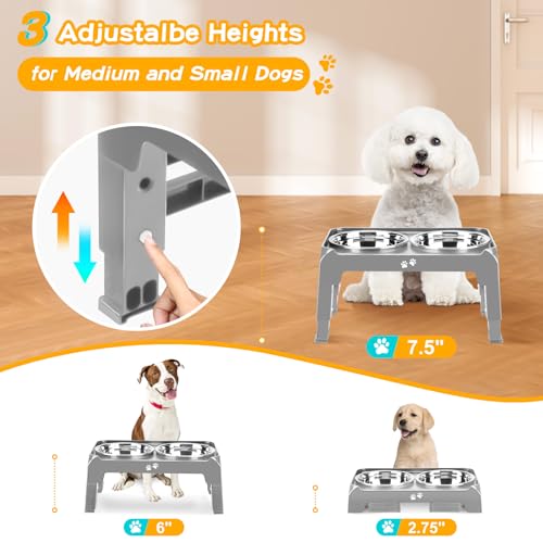 Elevated Dog Bowls for Small Medium Dogs 3 Height Adjustable Raised Dog Bowl Stand with 2 Thick 6″ Stainless Steel Dog Food Bowls Non-Slip Dog Feeder Adjusts to 2.75″, 6″, 7.5″, Grey Elevated Dog Bowls for Small Medium Dogs 3 Height Adjustable Raised Dog Bowl Stand with 2 Thick 6″ Stainless Steel Dog Food Bowls Non-Slip Dog Feeder Adjusts to 2.75″, 6″, 7.5″, Grey