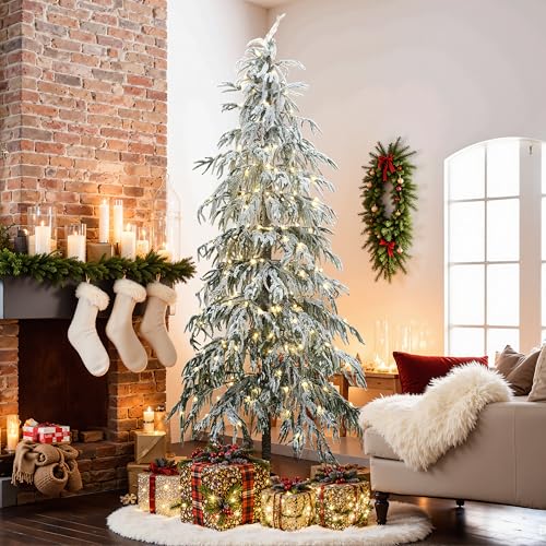 LuxenHome 7.5FT Slim Christmas Tree, Skinny Prelit Flocked Artificial Christmas Tree with 250 LED...