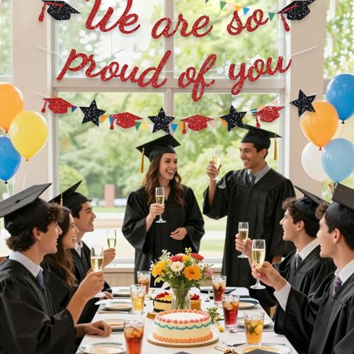 Image of We Are So Proud Of You Banner Graduation Party Decorations Glitter Congratulations Class Grad Ideas Red