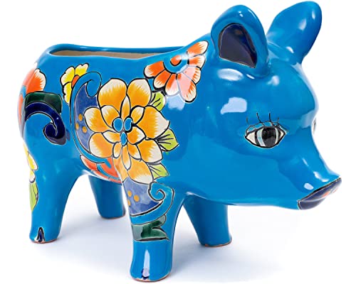 Enchanted Talavera Ceramic Piglet Flower Pot Succulent Planter Pig Garden Décor Farmhouse Farm Vase Herb Planter (Turquoise Medium) #TOP4