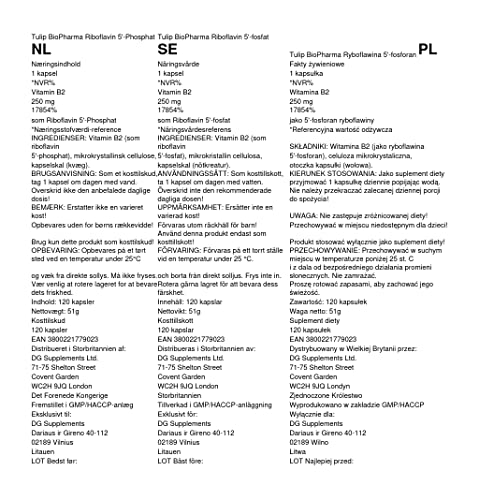 Tulip BioPharma Vitamin B2 (Riboflavin 5'-Phosphat) 250mg 120 Kapseln, Laborgeprüft, Hochdosiert, Nicht GVO & Glutenfrei