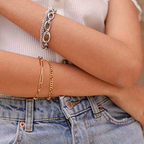 WEARON Gold Bracelet for Women 14K Gold Plated Snake Herringbone Figaro Cuban Bead Paperclip Cable Box Chain Simple Jewelry3