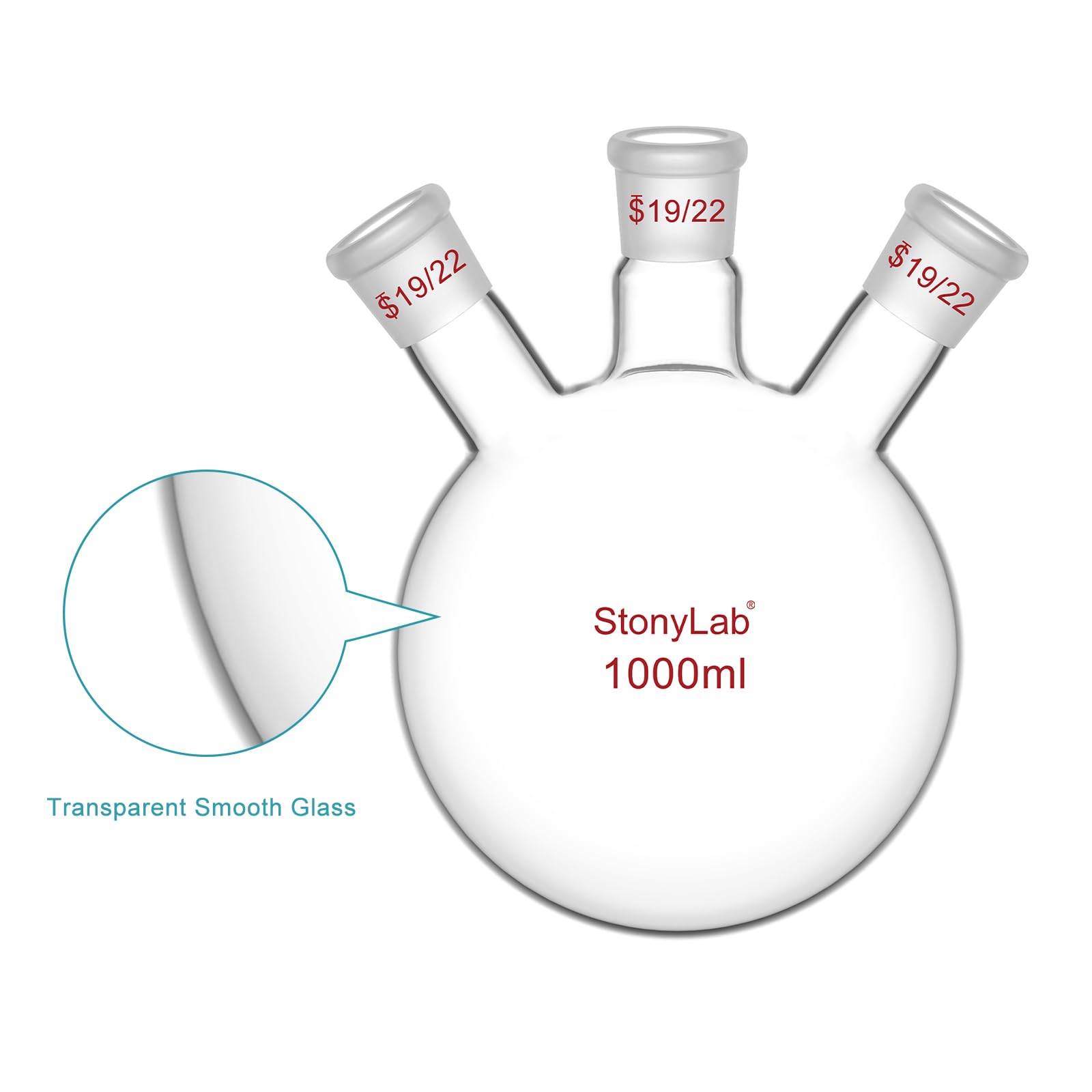 StonyLab Borosilicato Vetro 3-Collo Fondo Rotondo Pallone RBF, con 19/22 Centrale e lato Standard Coniche Esterno Misto Giunto, 3 Neck Round Bottom Flask (1000 ml)