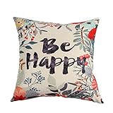 Ogiselestyle Floral Throw Pillow Covers Beautiful Cotton Linen BE Happy Pattern Sofa Simple Home Decor Throw Pillow Case Decorative Cushion Covers 18x18