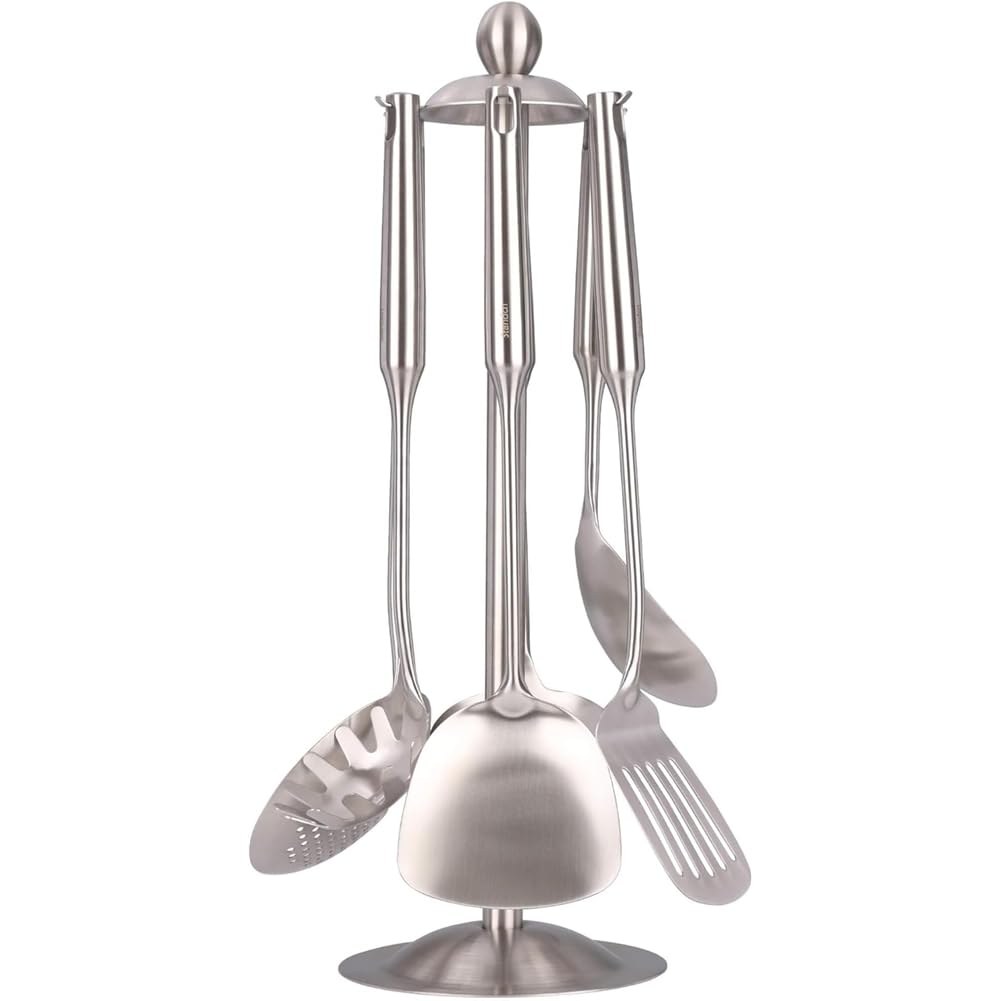 Juego de Utensilios de Cocina de Acero Inoxidable 18/10 - Utensilios de Cocina de 15 Pulgadas Totalmente Metálicos con Soporte Giratorio para Encimera