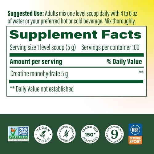 Image of MegaFood Micronized Creatine Monohydrate Powder, Unflavored, 500 Grams | Post and Pre Workout Powder for Men and Women, Brain and Exercise Performance Support, NSF Certified for Sport, 100 Servings