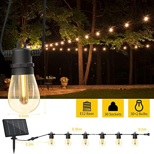 Yuusei Solar Garden Lights, 100Ft Festoon Lights Outdoor String Lights with 30+2 1W LED Plastic Bulbs, Waterproof Garden String Light for Garden Patio
