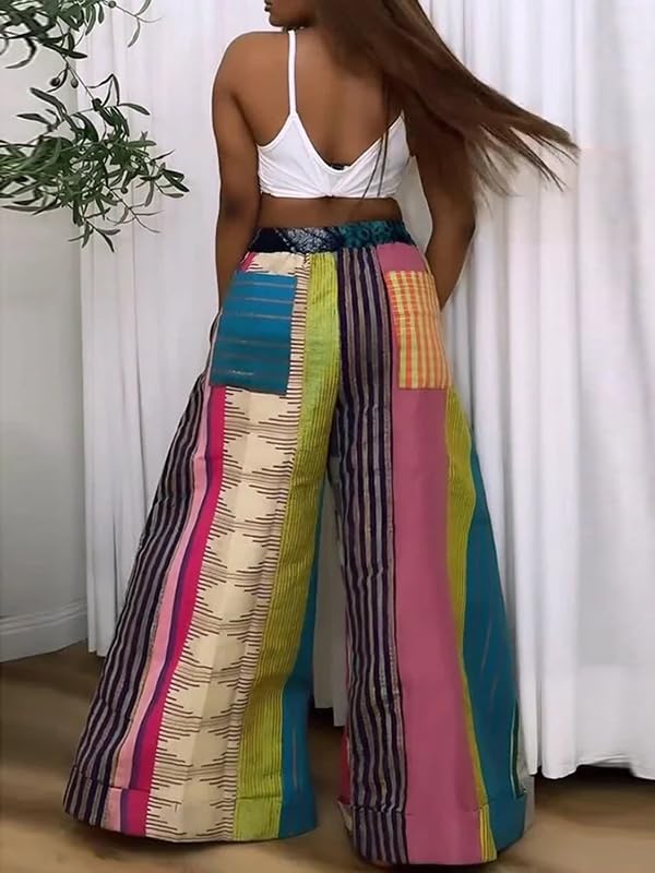 UOOZEE Women's Boho Patchwork Wide Leg Pants Colorful High Waisted Drawstring Palazzo Trousers Summer Beach Lounge Pants4
