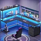 SEDETA L Shaped Gaming Desk, 94.4' Home Office Desk with File Drawer and Monitor Shelf, Corner Gaming Computer Desk with Hutch, Led Lights, Reversible L Shaped Desk, Two Person Desk, Black