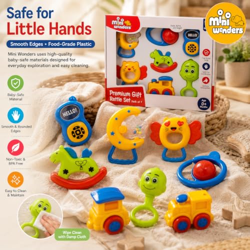 Image of Mini Wonders Baby Rattle Set of 7 | Newborn Rattle Gift Set for Boys & Girls | Safe & Colorful Infant Toys for Early Learning & Sensory Play | Ideal Gift Pack for 0-12 Months Babies