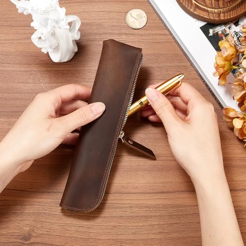 GORGECRAFT Leather Pencil Case Crazy Horse 202 * 50 * 17mm Genuine Leather Pencil Pouch Coffee Ultra Slim Rectangular Portable Zippered Pen Cases with Zipper for Men and Women Office Supplies - Image 3