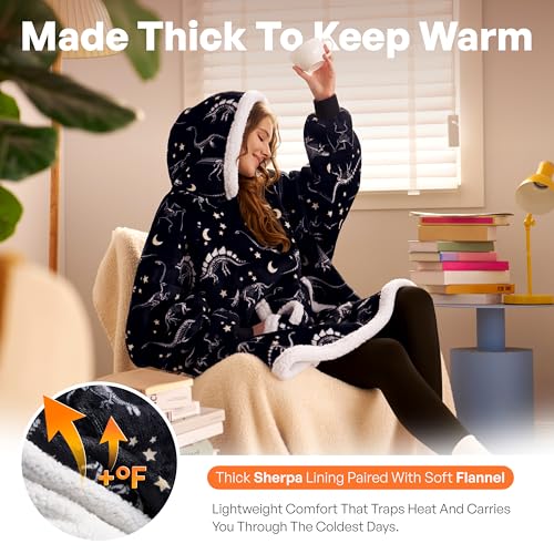 Image of Giggling Getup Wearable Blanket Hoodie for Adults Gifts for Teen Girls Sister Women Sherpa Fleece Printed Hooded Blanket Sweatshirt Warm Cozy with Pocket & Sleeves Black Glowing Dinosaur