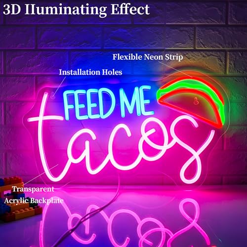 Image of Feed Me Tacos Neon Sign Led Neon Lights Neon Signs for Wall Decor Light Up Sign for Birthday Party Club Gift