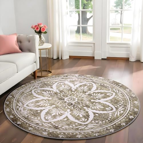 Image of Carvapet Vintage 72 inch Round Rugs - Washable Non-SlipCircle Rug with Rubber Backing Foldable Low Pile Design for Living Room Bedroom, 6 ft Brown Rug