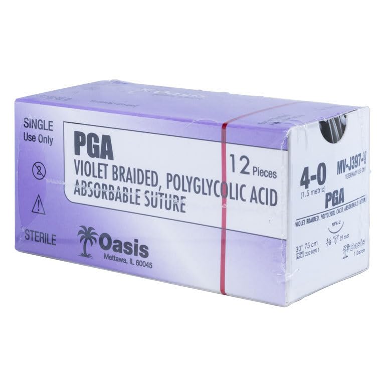 Oasis Vet PGA (Polyglycolic Acid) Surgical Suture, 4-0, (FS-2) 3/8 19mm Reverse Cutting Needle, 75cm, 12/Box, Veterinary Use