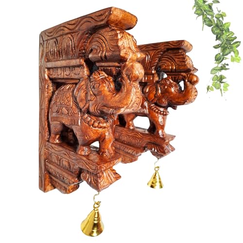 Image of Wooden Elephant Wall Bracket Pair 12 Inch | Hand Carved Brown Finish South Indian Corbels with Brass Bells | Traditional Wooden Wall Hanging Sculpture for Home & Pooja Room Decor (Set of 2)