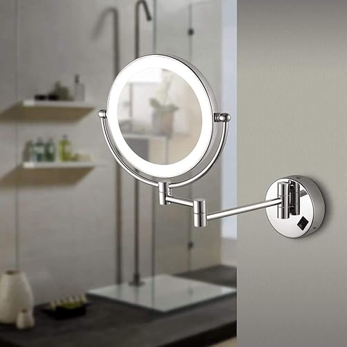 Miniatura 2 de Espejo de maquillaje montado en la pared con luces LED, doble cara con aumento de 10X, espejo de tocador de montaje en pared de 8 pulgadas, rotación