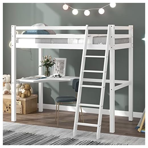 Moiitee 3FT Loftsäng med skrivbord, sängram, våningssäng med massiv tall, böjd bordsdesign, justerbar stege, platsbesparande loft sängram