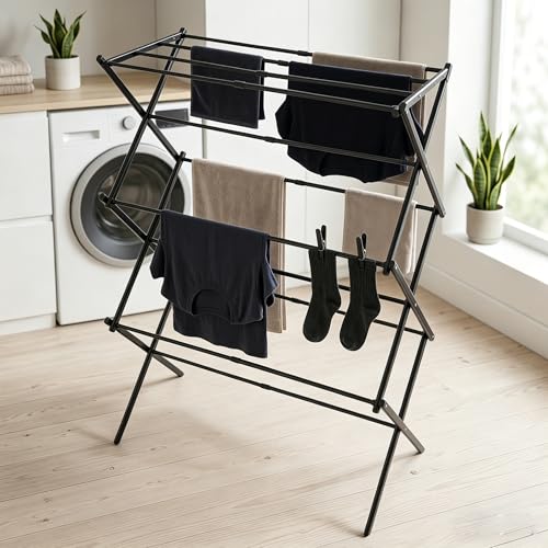 LLSZAHD Tendedero Vertical Extensible, Tenderetes De Ropa Plegables, Ahorra Espacio Estendal De Roupa De Acero, Tendal Resistente Estable, Interior O Exterior, para Piso, Cocina O Balcón(Color:Negro)