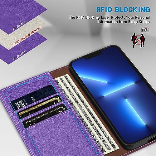 Image of ZZXX iPhone 13 Pro 6.1 inch Cellular Phone Case, Wallet with RFID Blocking, Card Slot, Magnetic Leather Flip Protective Cover (Purple)