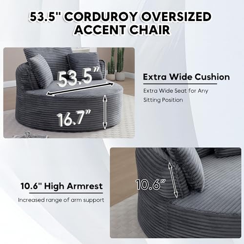 Image of Oversized Round Chair Lounge Chaise Indoor, 53.5 inch Upholstered Corduroy Deep Seat Single Cloud Sofa Chair, Fluffy Modern Large Circle Boneless Sleeper Sofa for Living Room, Bedroom, Dark Grey