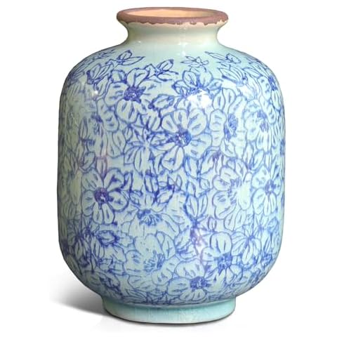 Pigort Small Blue Ceramic Bud Vase, Rustic Chinoiserie Vase for Farmhouse Decor, Shabby Chic Vase for Home Decoration for Living Room, Bathroom, Kitchen & Office 4.1x5.9inch Cover