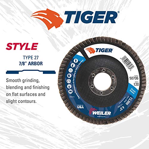 Image of Weiler 50706 4-1 /2 inch Tiger Disc Abrasive Flap Disc, Flat (TY27), Phenolic Backing, 120Z, 7 /8 inch Arbor Hole (Pack of 10)