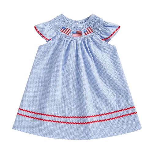 4th of July Baby Girl Outfits Toddler Independence Day Smocked Dress Puff Sleeve American Flag Embroidery Dresses