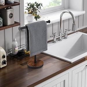 Towel Holder Stand, Countertop Hand Towel Stand for Bathroom and Kitchen, Free Standing Counter Towel Rack with Weighted Wood Base, Rustic Black and Brown Towel Holder Stand Countertop Hand Towel Stand for Bathroom and Kitchen Free Standing Counter Towel Rack with Weighted Wood Base Rustic Black and Brown